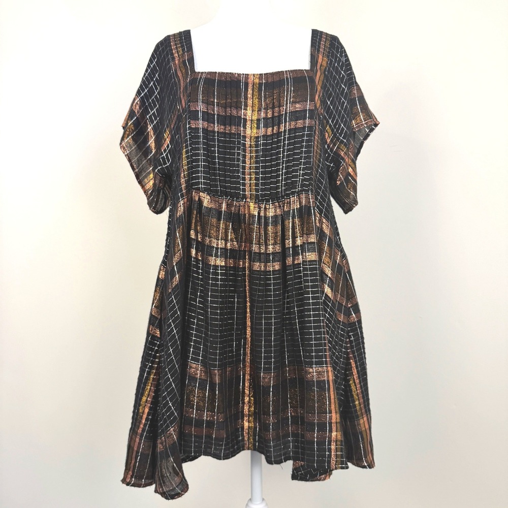 Free People Metallic Plaid Babydoll Mini Dress Womens XS Boho Open Back Festival - Picture 2 of 8